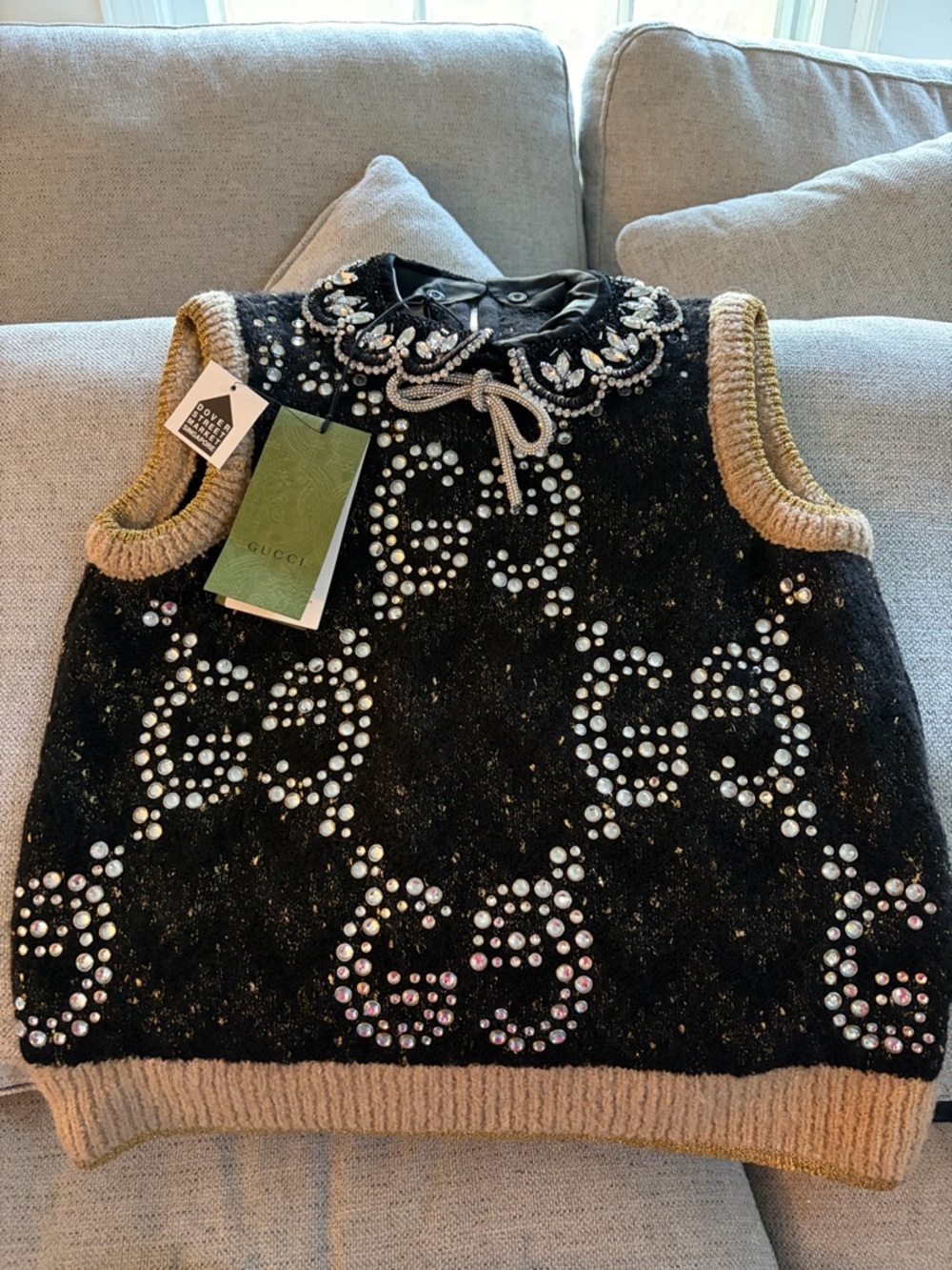 Gucci Black Knit Sleeveless Vest with Gold Trim and Crystal Embellishments